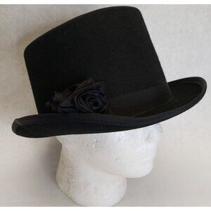 New York Hat Co Top Hat Women's M Wool Felt Classic Black Short Crown Flower Pin